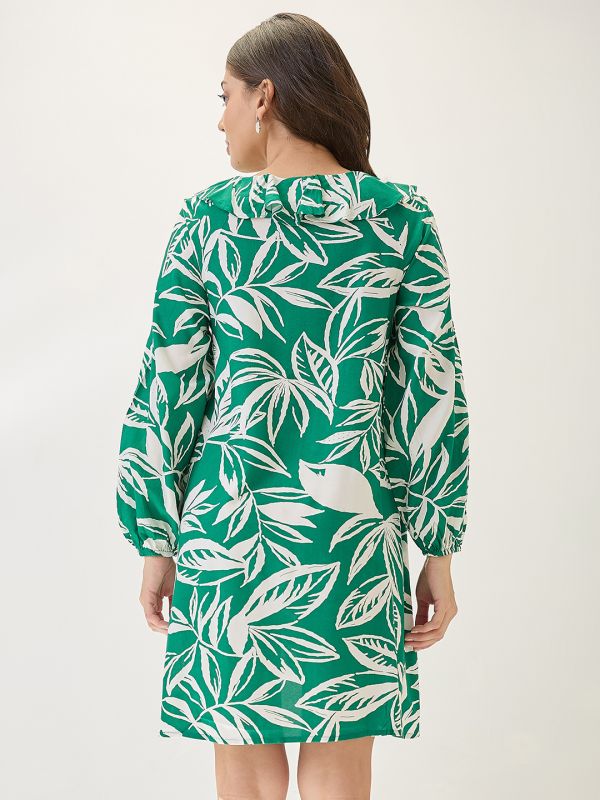 Globus Women Green Tropical Print Ruffled V-Neck Bishop Sleeves Mini A-Line Dress