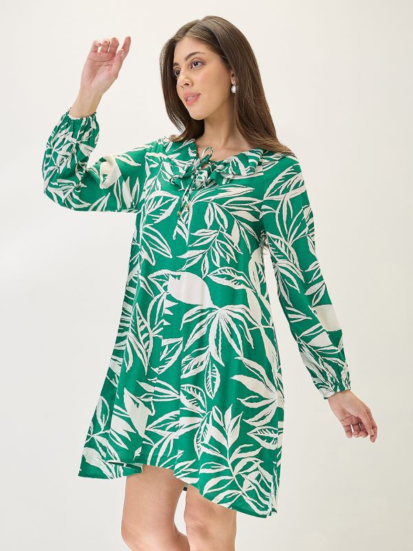Globus Women Green Tropical Print Ruffled V-Neck Bishop Sleeves Mini A-Line Dress