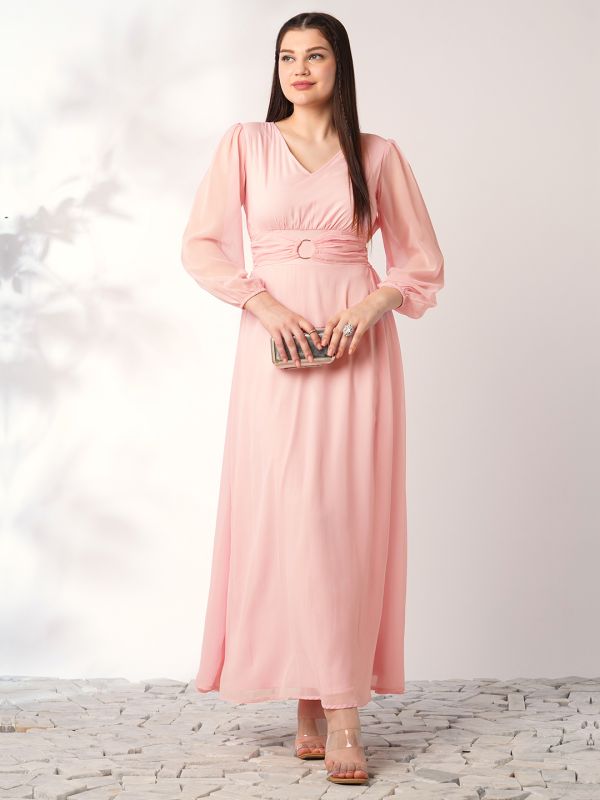 Globus Women Pink V-Neck Bishop Sleeves Smocked Fit & Flare Maxi Party Dress