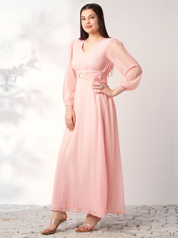 Globus Women Pink V-Neck Bishop Sleeves Smocked Fit & Flare Maxi Party Dress