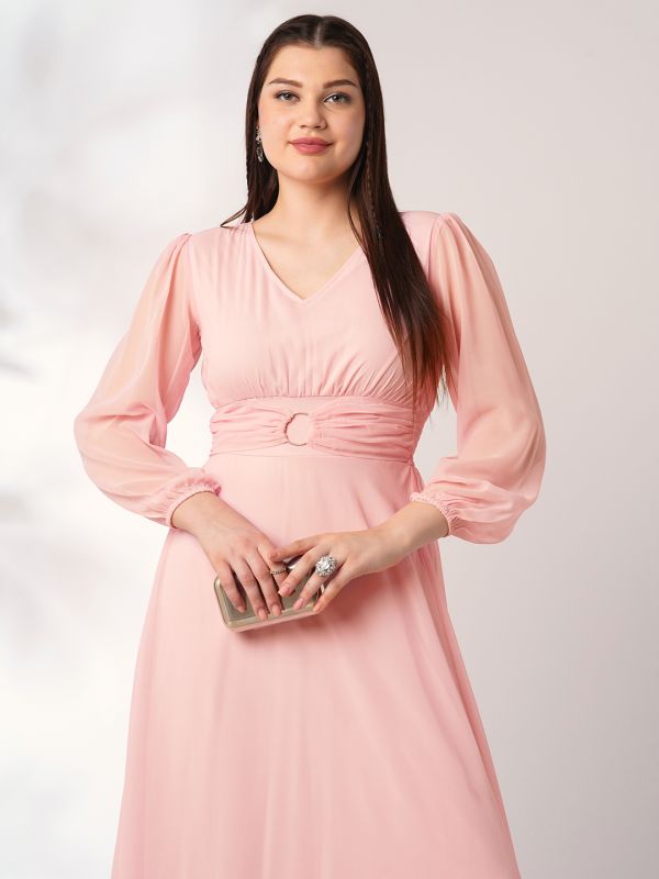 Globus Women Pink V-Neck Bishop Sleeves Smocked Fit & Flare Maxi Party Dress