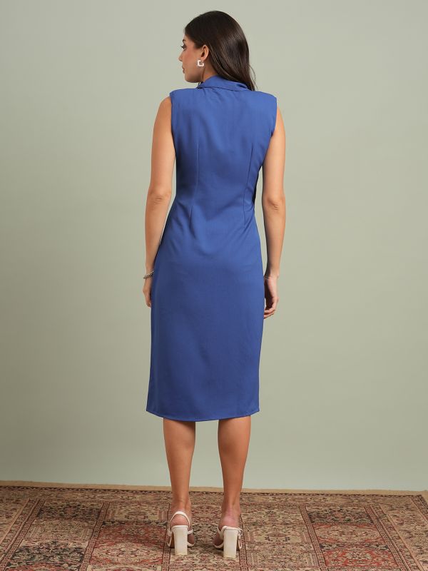 Globus Women Blue Notch Lapel Solid Pleated Detail Midi Workwear Blazer Dress