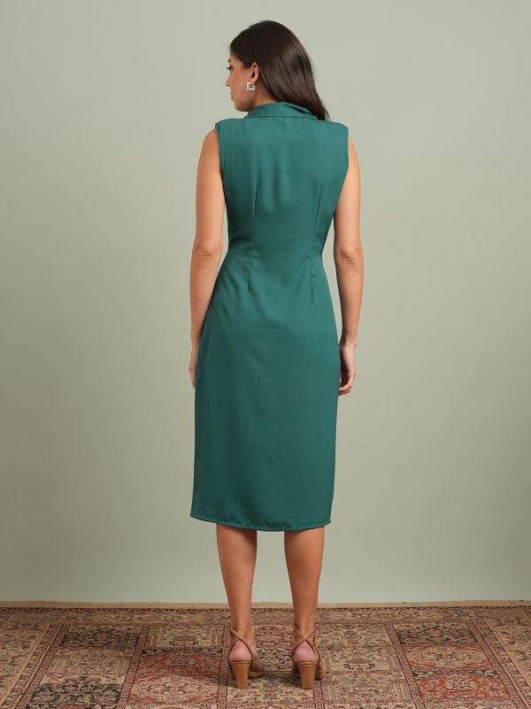 Globus Women Green Notch Lapel Solid Pleated Detail Midi Workwear Blazer Dress