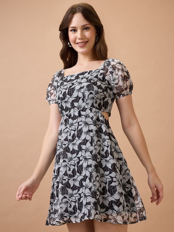 Globus Women Black Floral Printed Square Neck Puff Sleeves Waist Cut-Out Mini Fit & Flare Dress