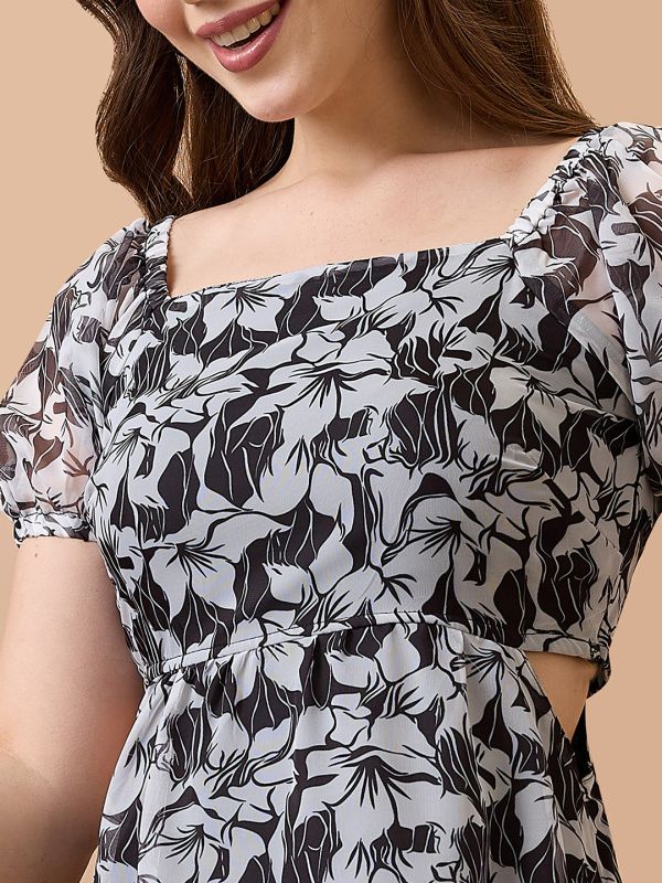 Globus Women Black Floral Printed Square Neck Puff Sleeves Waist Cut-Out Mini Fit & Flare Dress