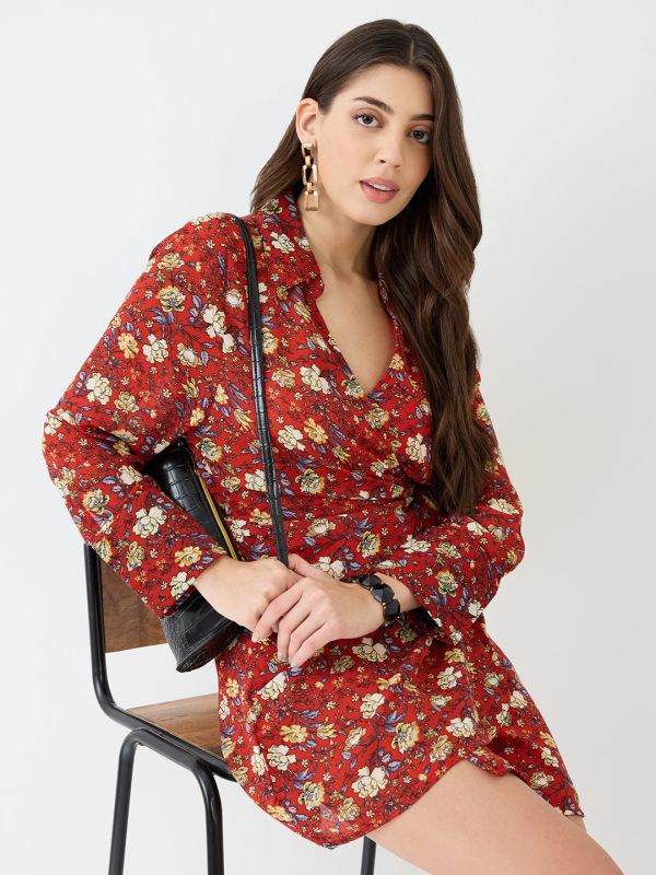 Globus Women Red Collared V-Neck Cuffed Sleeves Allover Floral Print Mini Tie-Up Wrap Dress