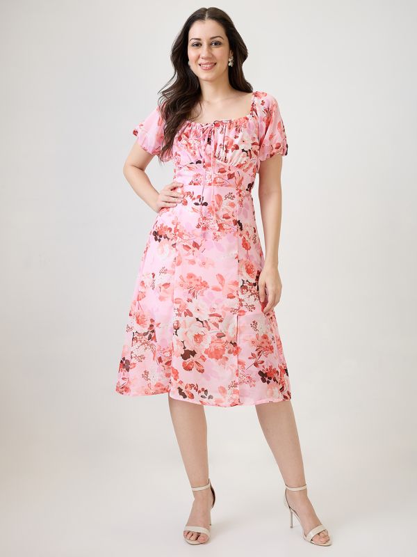 Globus Women Pink Floral Printed Tie-Up Square Neck Puff Sleeves Side Slit Fit & Flare Midi Dress