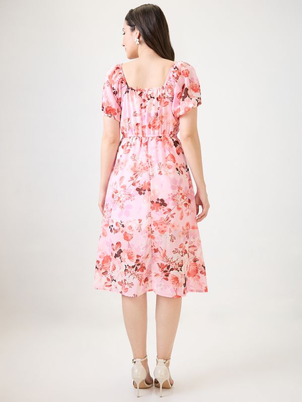 Globus Women Pink Floral Printed Tie-Up Square Neck Puff Sleeves Side Slit Fit & Flare Midi Dress