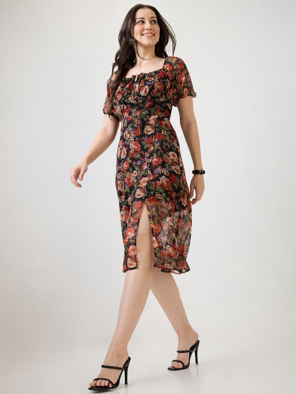 Globus Women Black Allover Floral Printed Tie-Up Square Neck Puff Sleeves Side Slit Fit & Flare Midi Dress