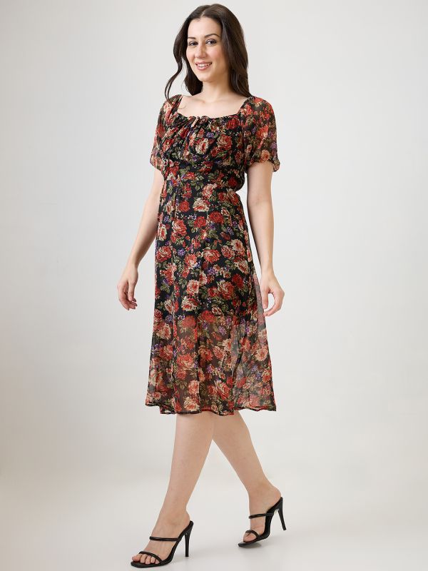 Globus Women Black Allover Floral Printed Tie-Up Square Neck Puff Sleeves Side Slit Fit & Flare Midi Dress
