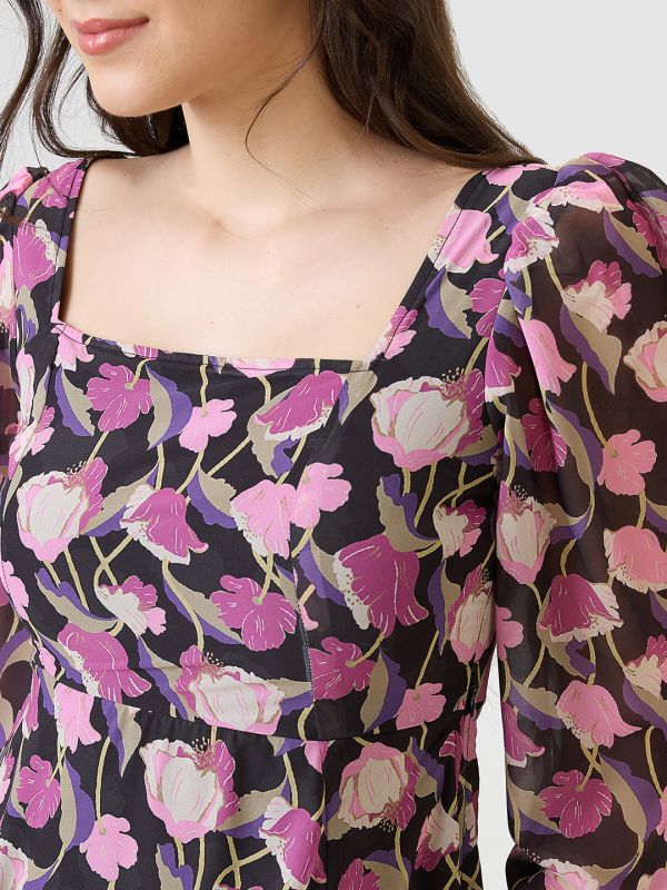 Globus Women Purple Georgette Floral Printed Square Neck Bishop Sleeves Stylized Back Fit & Flare Midi Dress