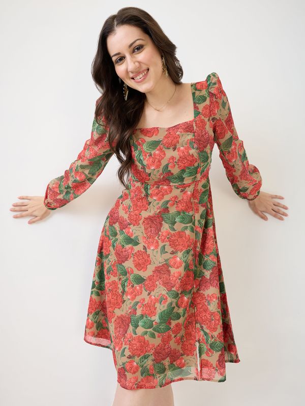 Globus Women Beige Georgette Floral Printed Square Neck Bishop Sleeves Stylized Back Fit & Flare Midi Dress