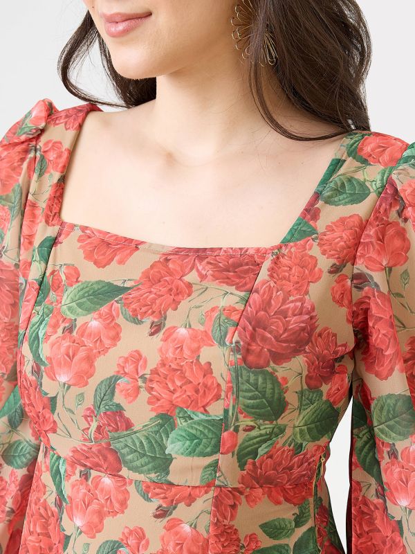 Globus Women Beige Georgette Floral Printed Square Neck Bishop Sleeves Stylized Back Fit & Flare Midi Dress