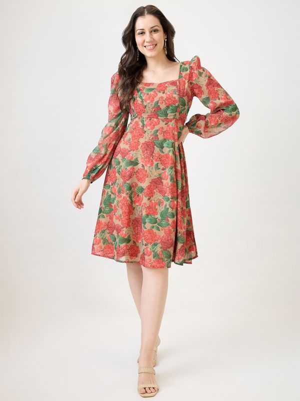 Globus Women Beige Georgette Floral Printed Square Neck Bishop Sleeves Stylized Back Fit & Flare Midi Dress