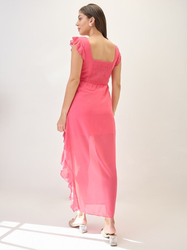 Globus Women Pink Square Neck Cap Sleeves Asymmetric Ruffle Hem Maxi A-Line Dress