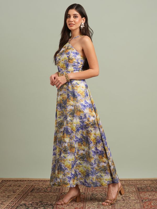 Globus Women Yellow Abstract Print Halter Neck Flared Hem A-Line Maxi Resort Dress