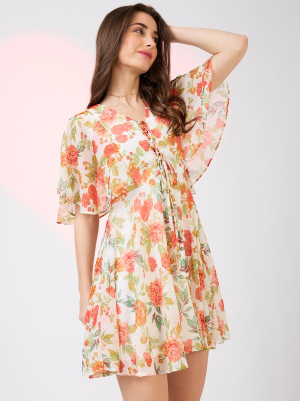 Globus Women White V-Neck Flared Sleeves Floral Print Tie-Up Detail Mini A-Line Dress