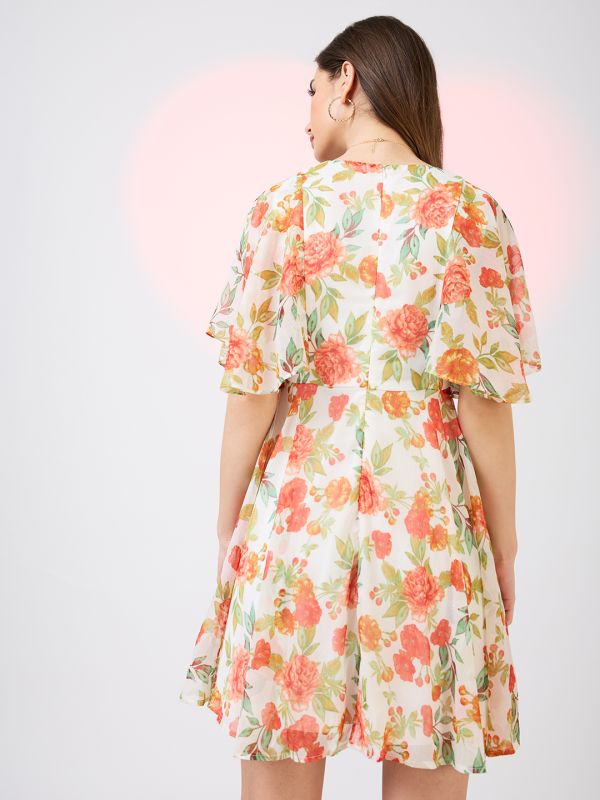 Globus Women White V-Neck Flared Sleeves Floral Print Tie-Up Detail Mini A-Line Dress