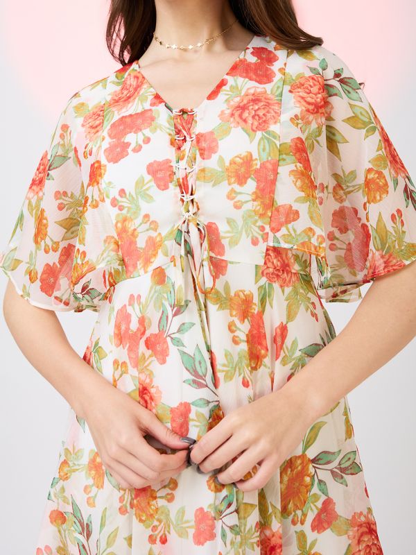 Globus Women White V-Neck Flared Sleeves Floral Print Tie-Up Detail Mini A-Line Dress