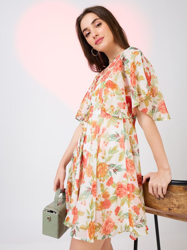 Globus Women White V-Neck Flared Sleeves Floral Print Tie-Up Detail Mini A-Line Dress