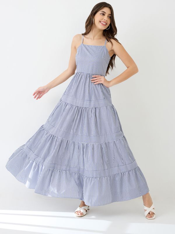 Globus Women Blue Square Neck Strappy Shoulder Striped Smocked Tiered Fit & Flare Maxi Dress