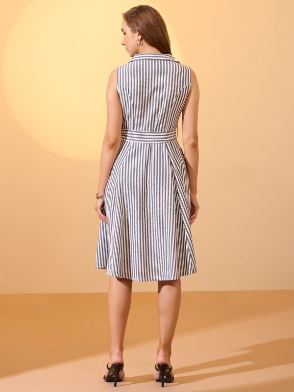 Globus Women Black Stripes Printed Notch Lapel Belted Midi Workwear Dress