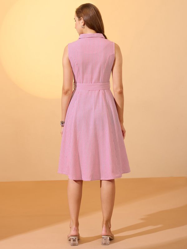 Globus Women Pink Stripes Printed Notch Lapel Belted Midi Workwear Dress