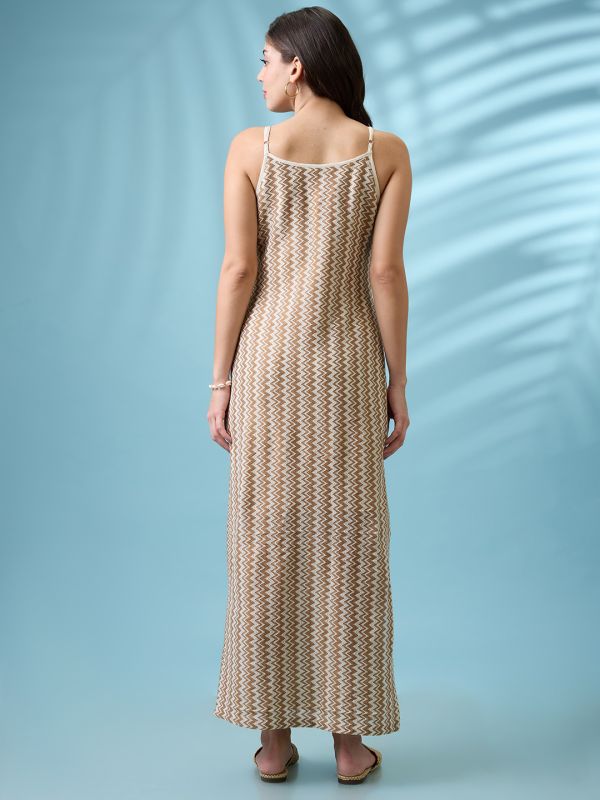Globus Women Brown Crochet Chevron Pattern Strappy Sleeves Side Slit Sheath Maxi Dress
