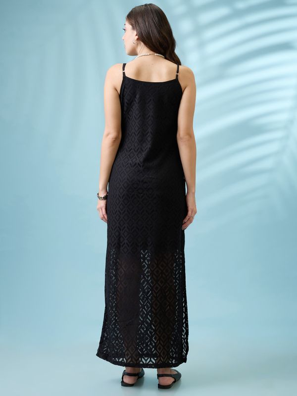 Globus Women Black Crochet Geometric Pattern Strappy Sleeves Side Slit Sheath Maxi Dress