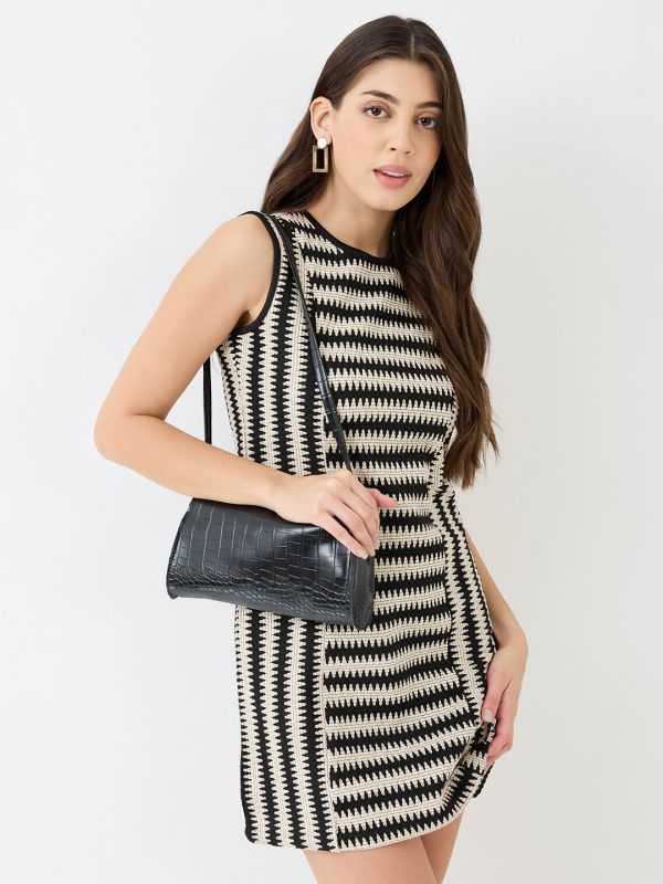 Globus Women Black Round Neck Straight Hem Mini Sheath Crochet Dress