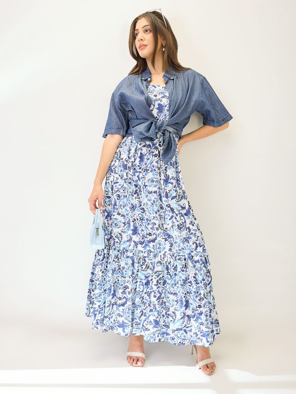 Globus Women Blue Paisley Printed V-Neck Strappy Sleeves Tiered Fit & Flare Maxi Dress