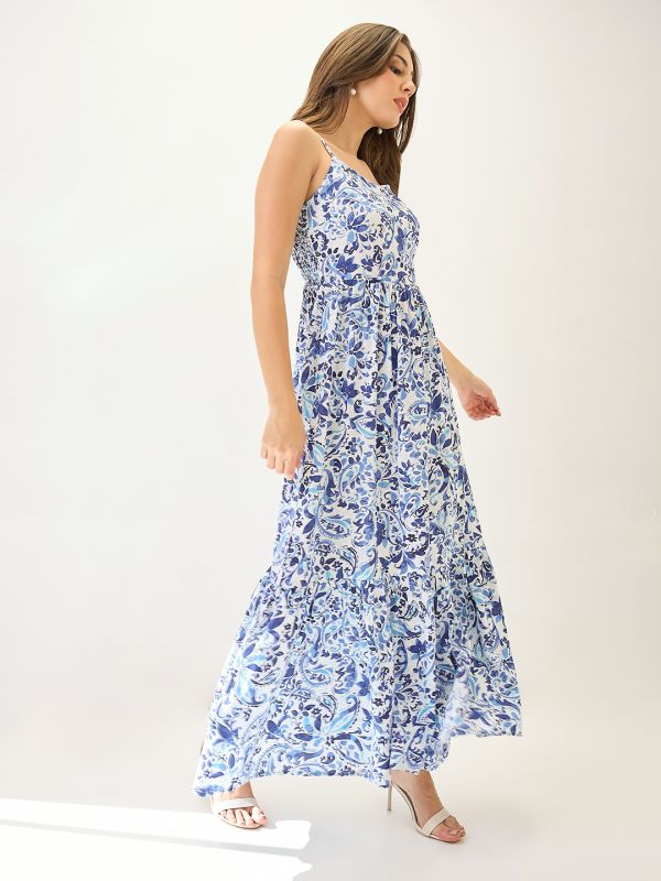 Globus Women Blue Paisley Printed V-Neck Strappy Sleeves Tiered Fit & Flare Maxi Dress