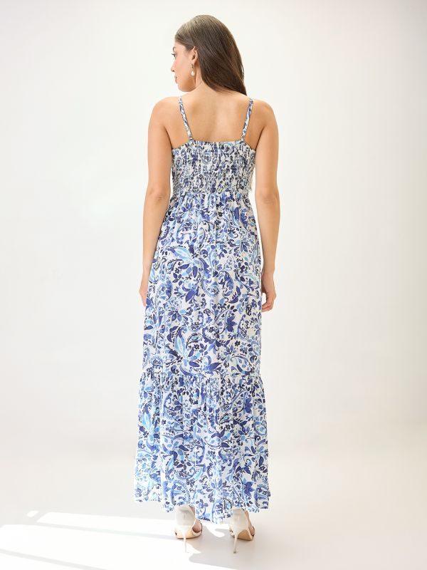 Globus Women Blue Paisley Printed V-Neck Strappy Sleeves Tiered Fit & Flare Maxi Dress