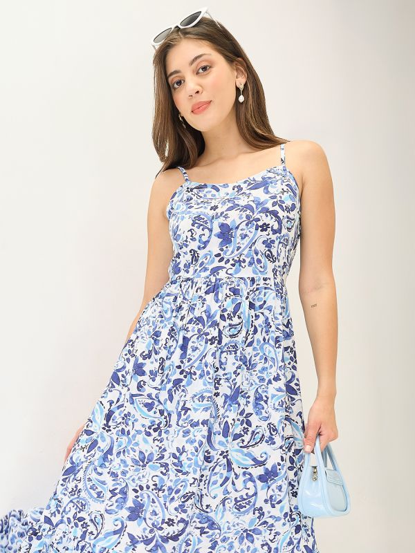 Globus Women Blue Paisley Printed V-Neck Strappy Sleeves Tiered Fit & Flare Maxi Dress