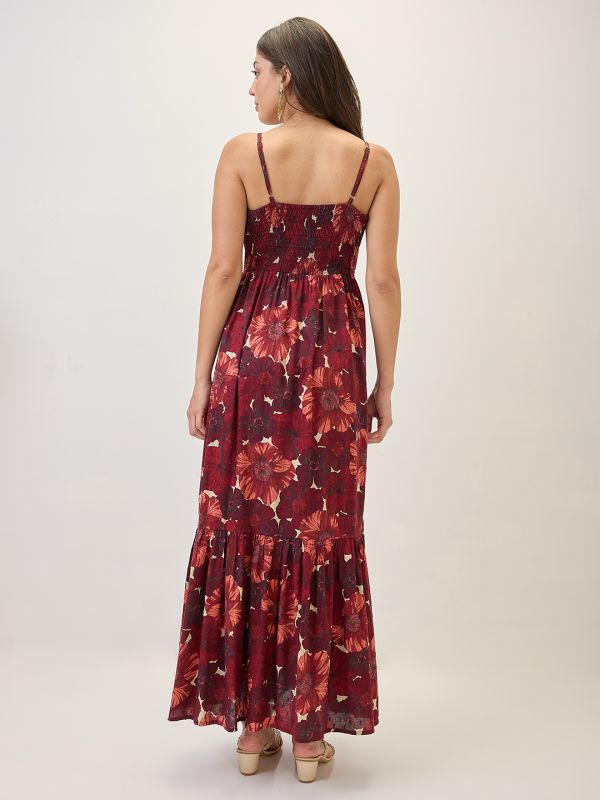 Globus Women Red Floral Printed V-Neck Strappy Sleeves Tiered Fit & Flare Maxi Dress