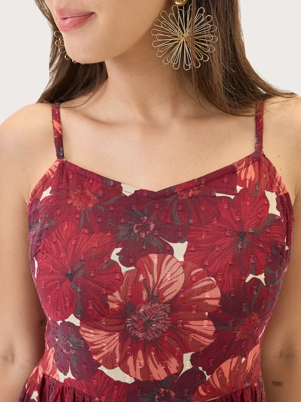 Globus Women Red Floral Printed V-Neck Strappy Sleeves Tiered Fit & Flare Maxi Dress