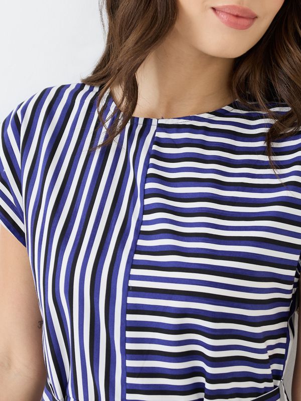 Globus Women Blue Round Neck Extended Sleeves Striped Gathered A-Line Midi Dress With Belt