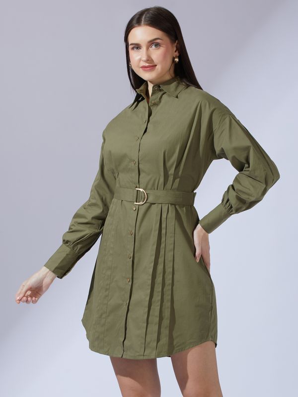 Globus Women Olive Collared Neck Cuffed Sleeves Solid Pleated Mini Workwear Shirt Dress With D-Ring Belt