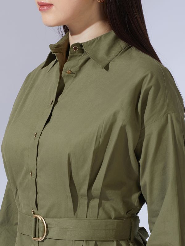 Globus Women Olive Collared Neck Cuffed Sleeves Solid Pleated Mini Workwear Shirt Dress With D-Ring Belt