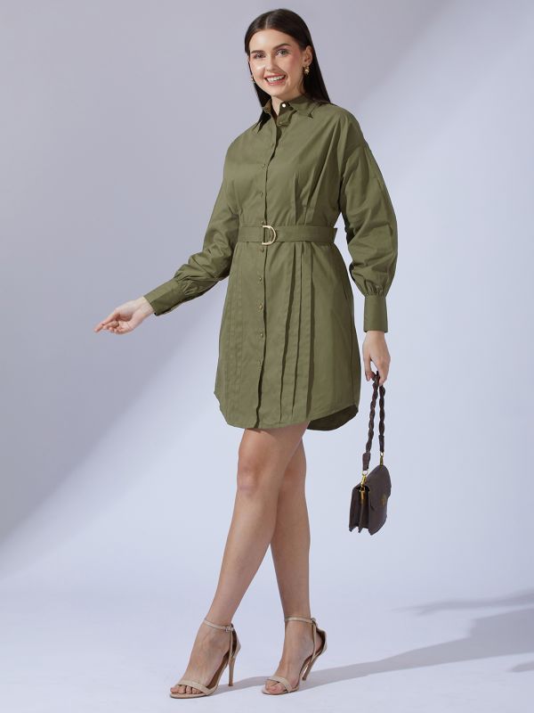 Globus Women Olive Collared Neck Cuffed Sleeves Solid Pleated Mini Workwear Shirt Dress With D-Ring Belt