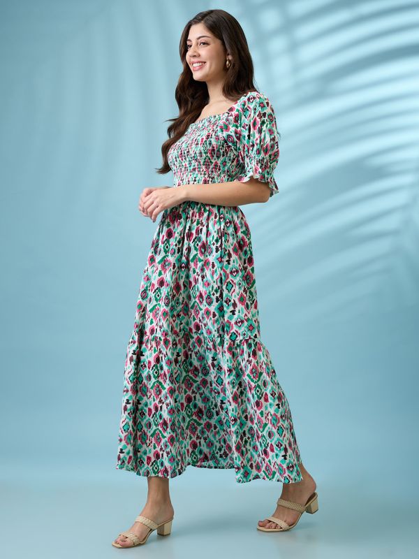 Globus Women Multicolour Ikat Print Square Neck Puff Sleeves Smocked Tiered Fit & Flare Maxi Dress