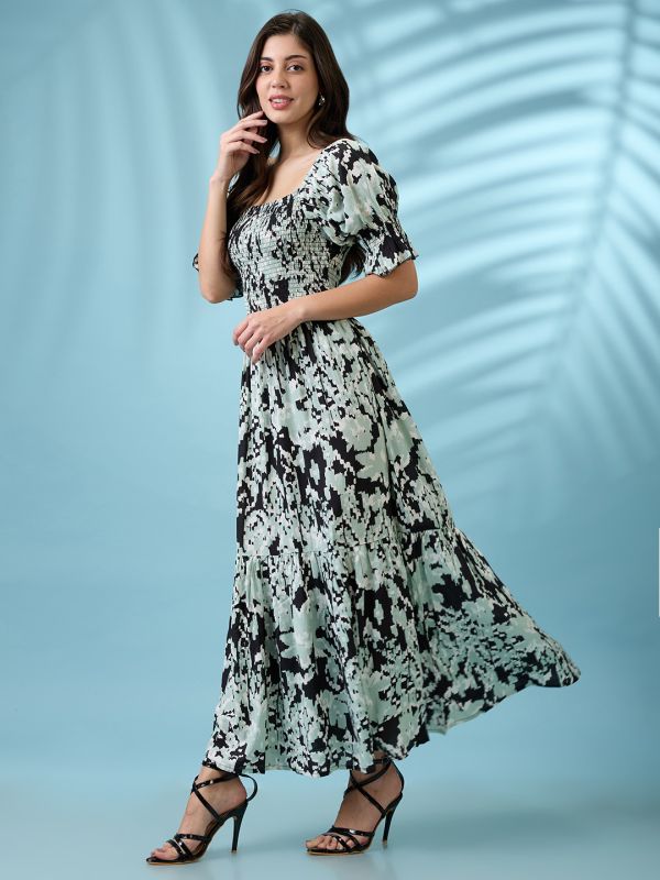 Globus Women Black Abstract Printed Square Neck Puff Sleeves Smocked Tiered Fit & Flare Maxi Dress
