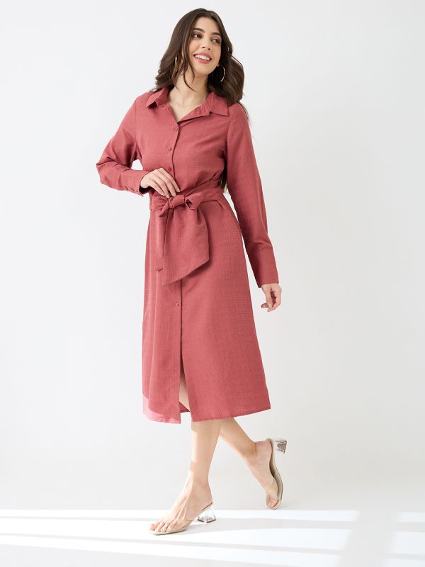 Globus Women Pink Collared Neck Cuffed Sleeves Self Design Waist Tie-Ups Midi Workwear Shirt Dress