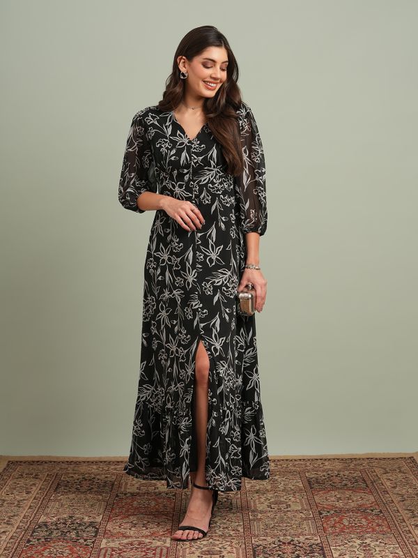 Globus Women Black V-Neck Puff Sleeves Floral Print Front Slit Smocked Fit & Flare Maxi Resort Dress