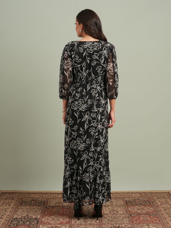 Globus Women Black V-Neck Puff Sleeves Floral Print Front Slit Smocked Fit & Flare Maxi Resort Dress