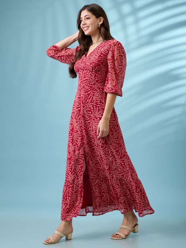 Globus Women Pink Tropical Printed V-Neck Neck Puff Sleeves Front Slit Tiered Fit & Flare Maxi Dress