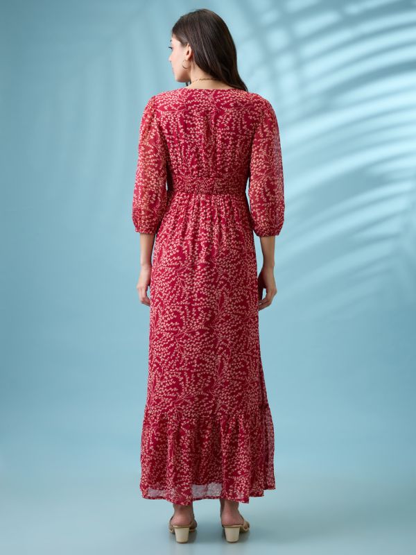 Globus Women Pink Tropical Printed V-Neck Neck Puff Sleeves Front Slit Tiered Fit & Flare Maxi Dress