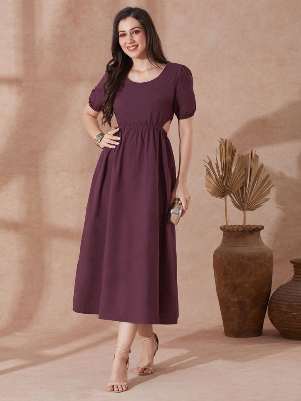 Globus Women Burgundy Round Neck Puff Sleeves Solid Cut Out Detail Fit & Flare Midi Resort Dress