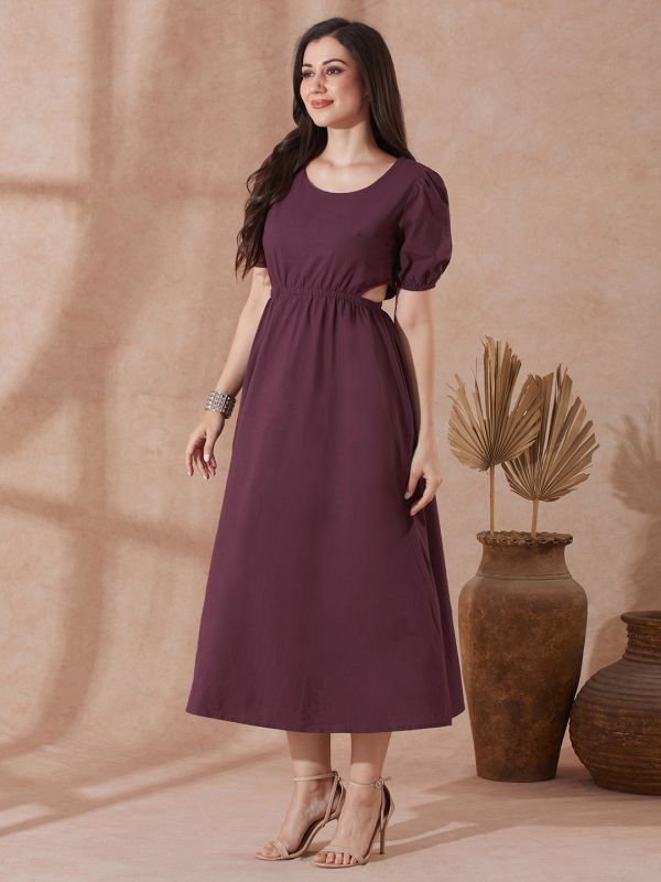 Globus Women Burgundy Round Neck Puff Sleeves Solid Cut Out Detail Fit & Flare Midi Resort Dress