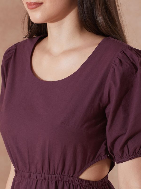 Globus Women Burgundy Round Neck Puff Sleeves Solid Cut Out Detail Fit & Flare Midi Resort Dress